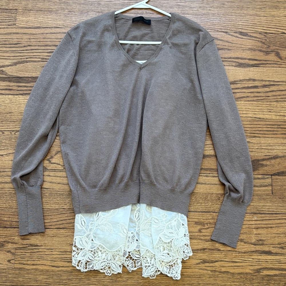 Zara Taupe V-Neck Sweater with Cream Lace Trim